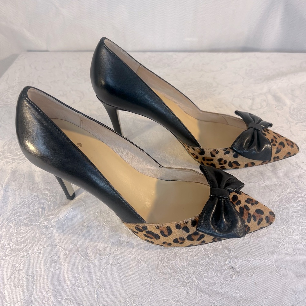 Kate Spade Heels Black Leather & Animal Print Calf Hair Black Bow Slip On EUC 7M - Picture 4 of 8